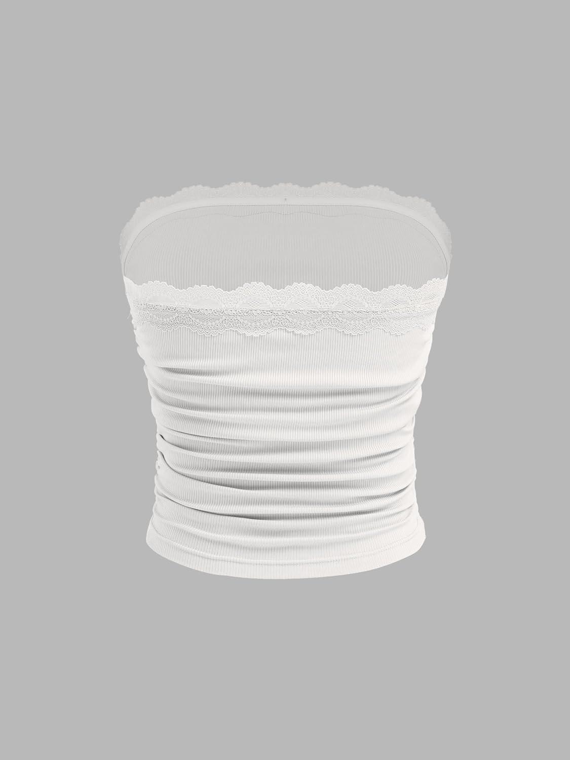 imageCIDER Lace Trim Tube Tops for Women Strapless Ribbed Ruched Going Out Tops Crop Top for Summer 2025White