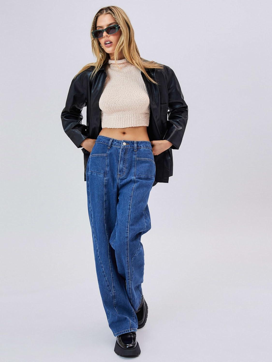 imageCIDER Mid Waist Pocket Wide Leg JeansDenim