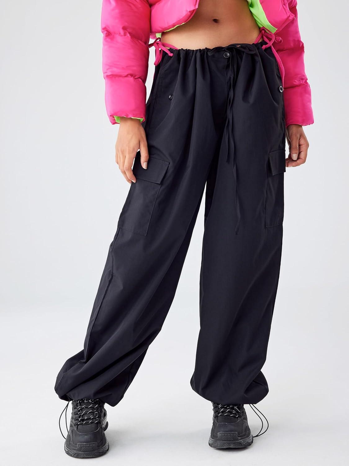 imageCIDER Parachute Pants Woman Adjustable Cuff Cargo Pants Womens Joggers with Pockets Slim Solid LowRise Straight LegBlack