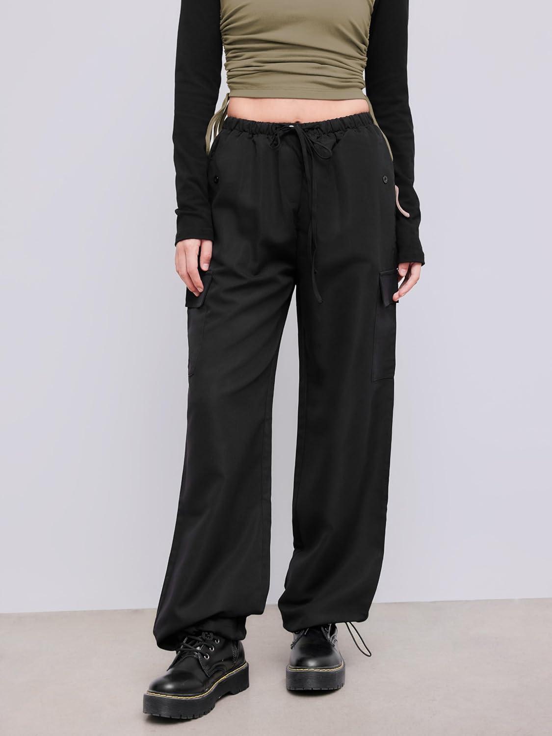 imageCIDER Parachute Pants Woman Adjustable Cuff Cargo Pants Womens Joggers with Pockets Slim Solid LowRise Straight LegBlack