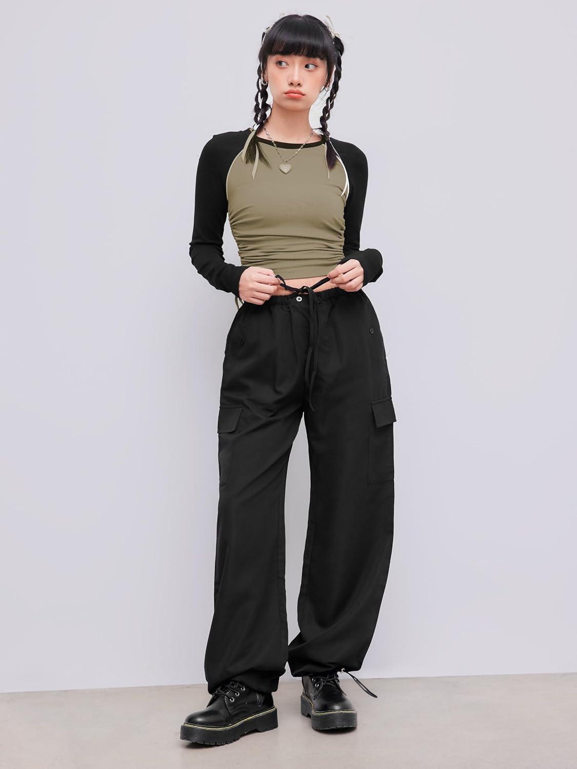 imageCIDER Parachute Pants Woman Adjustable Cuff Cargo Pants Womens Joggers with Pockets Slim Solid LowRise Straight LegBlack