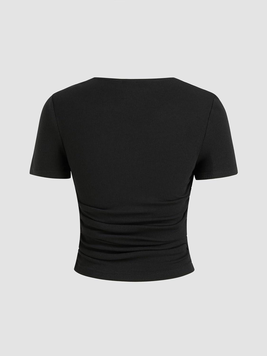 imageCIDER Rib Square Neck Solid Ruched Short Sleeve TopBlack