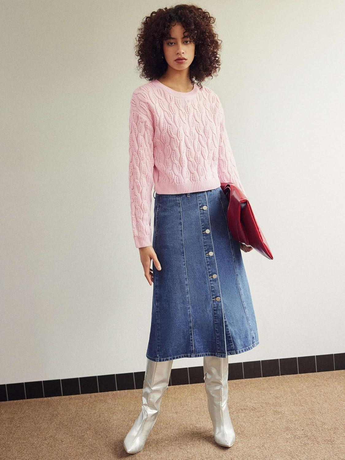 imageCIDER Round Neck Cable Knit SweaterPink