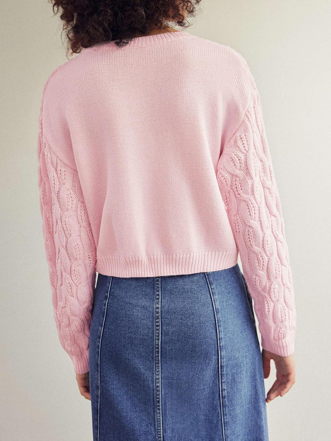 imageCIDER Round Neck Cable Knit SweaterPink