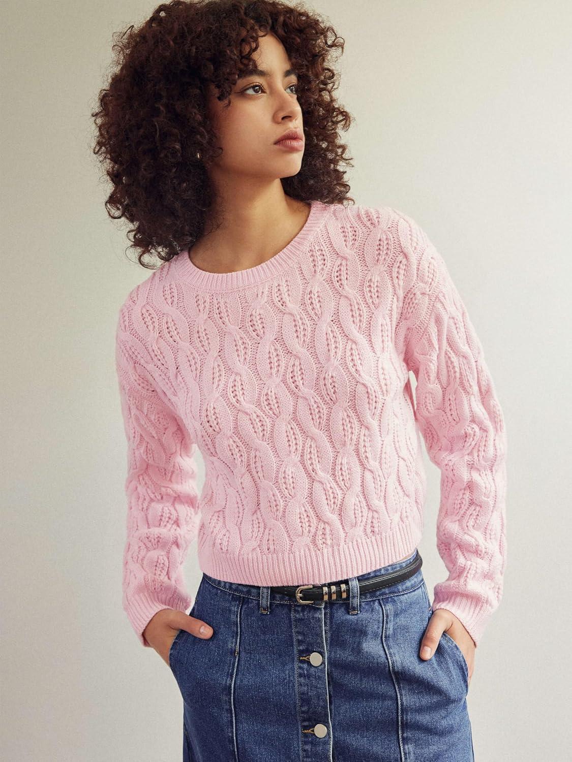 imageCIDER Round Neck Cable Knit SweaterPink