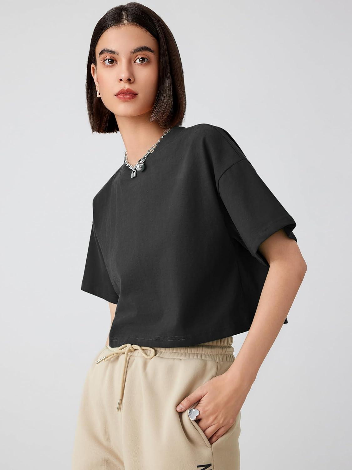 imageCIDER Round Neckline Oversized Crop TopBlack