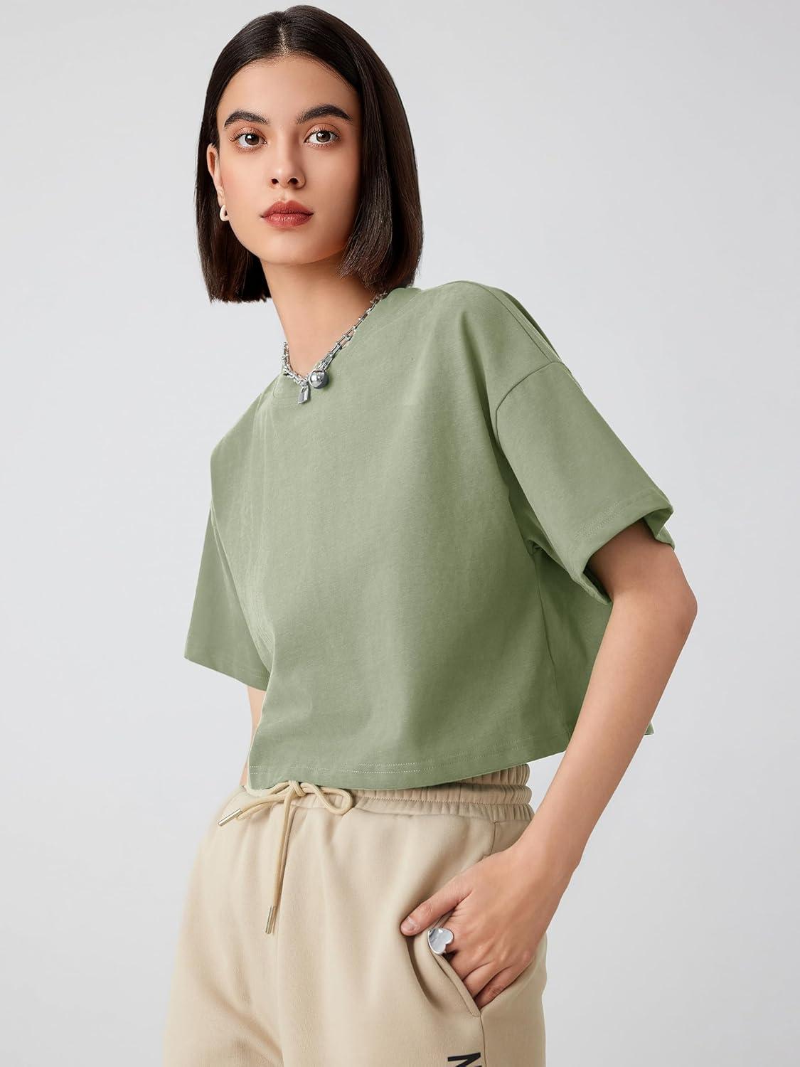 imageCIDER Round Neckline Oversized Crop TopGreen