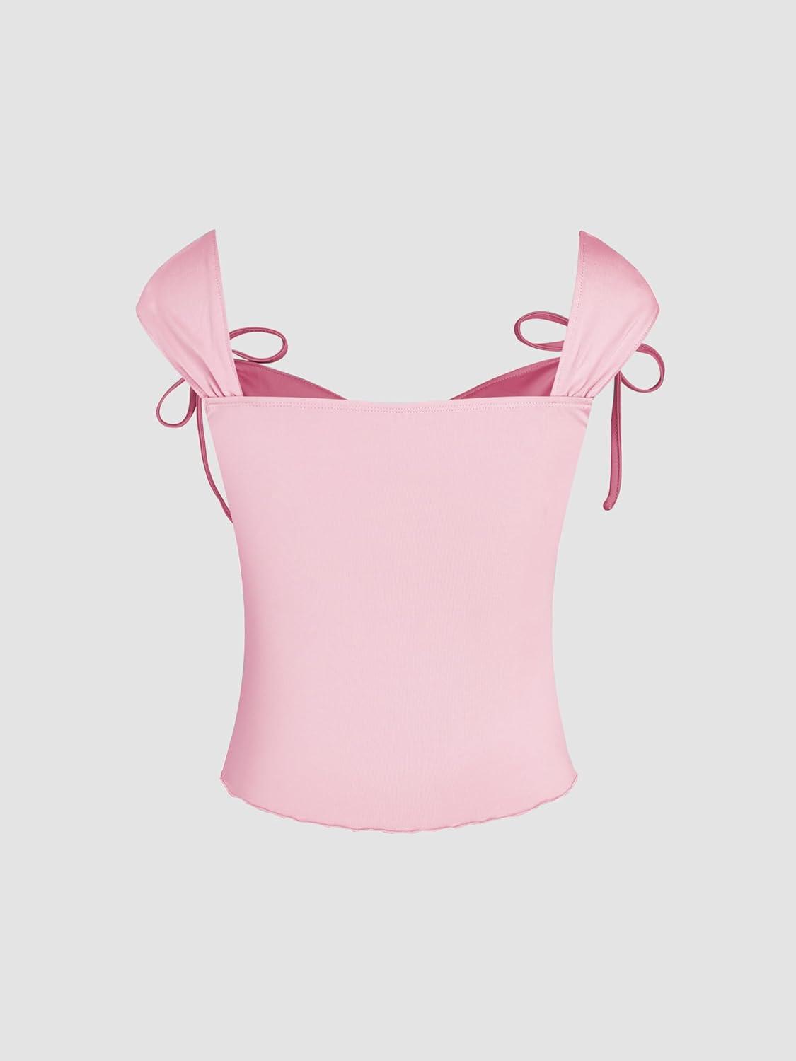 imageCIDER Ruched Lettuce Trim Bowknot Crop Cami TopPink