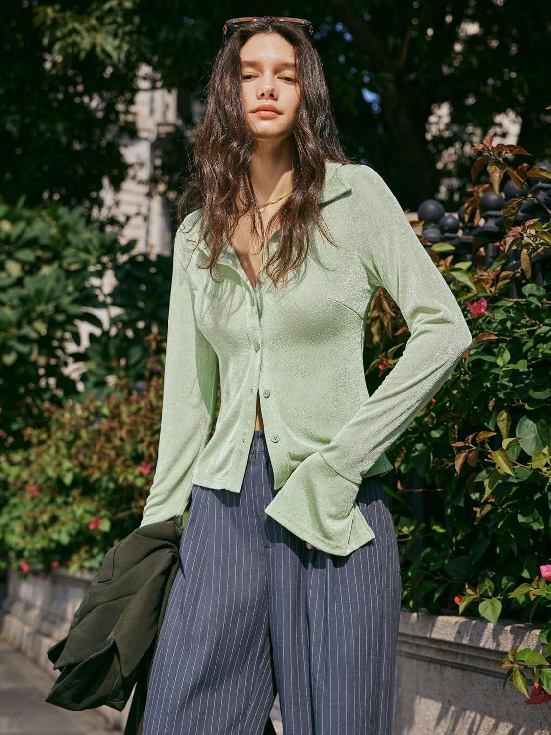 imageCIDER Solid Collar Button Up Bell Sleeve BlouseGreen