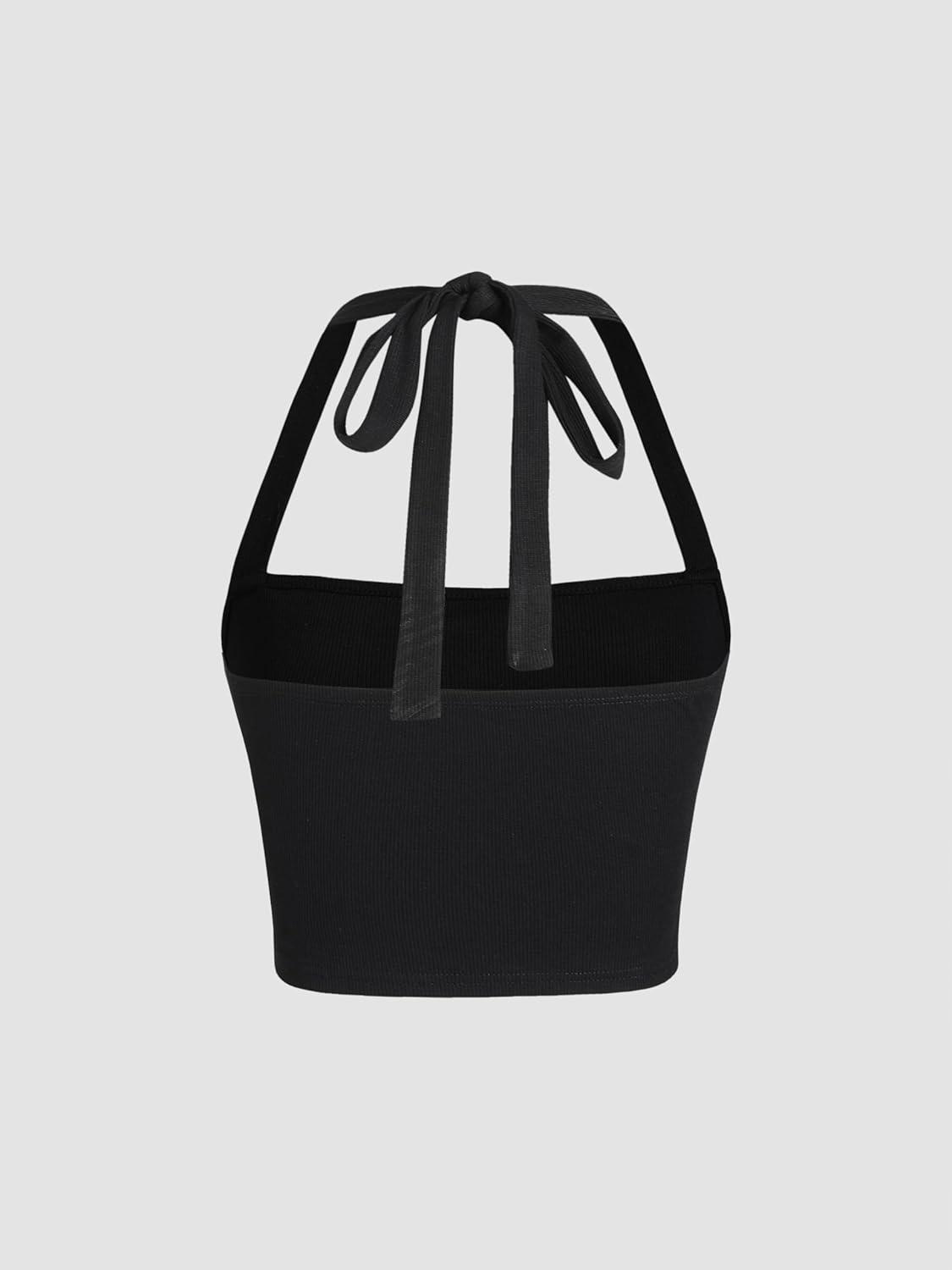 imageCIDER Solid Halter Knotted Cami Crop TopBlack