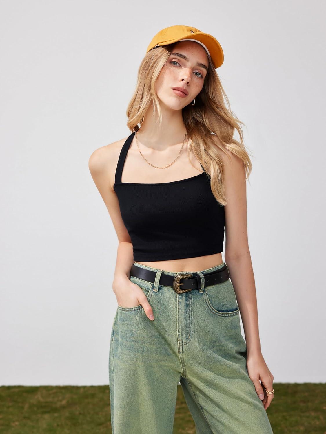 imageCIDER Solid Halter Knotted Cami Crop TopBlack