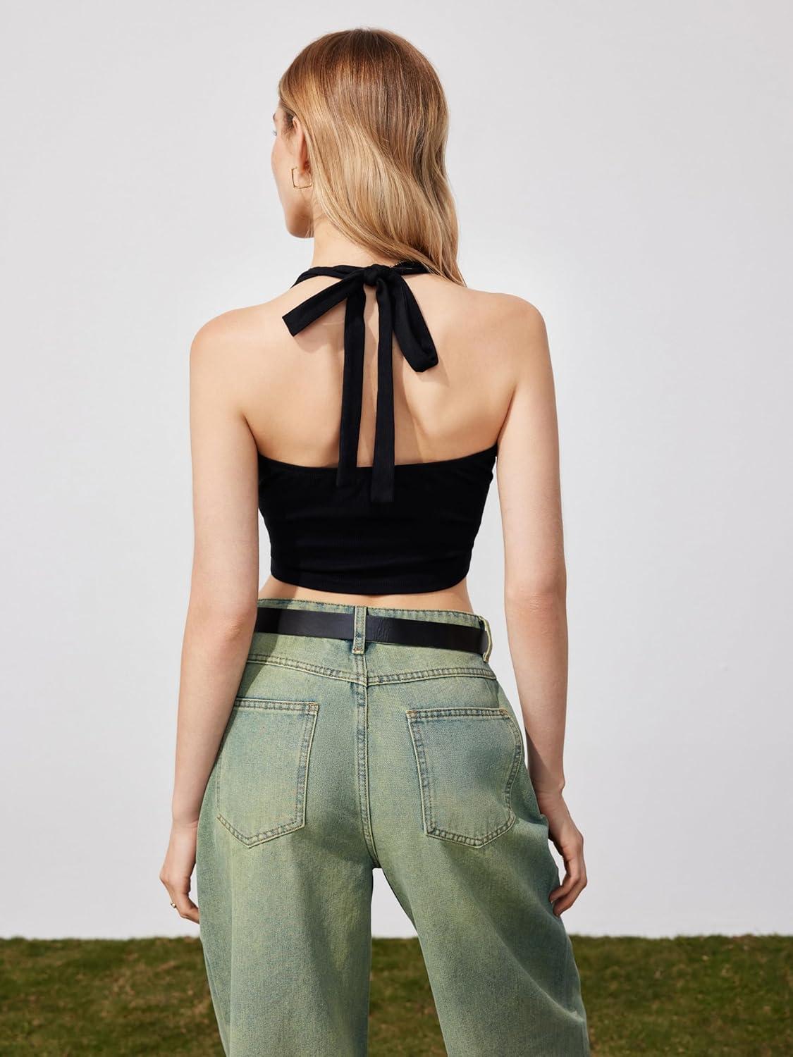 imageCIDER Solid Halter Knotted Cami Crop TopBlack