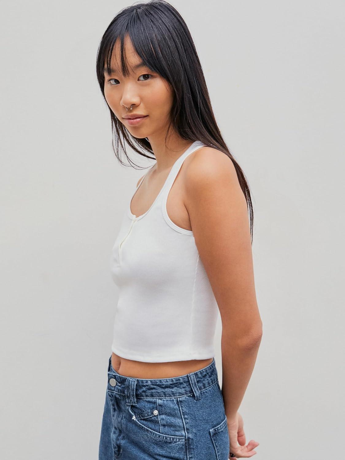 imageCIDER Solid Rib Button Up Tank Crop TopWhite