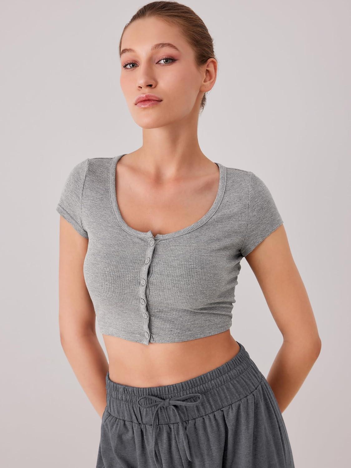 imageCIDER Solid Square Neck Button Up Crop TopGrey