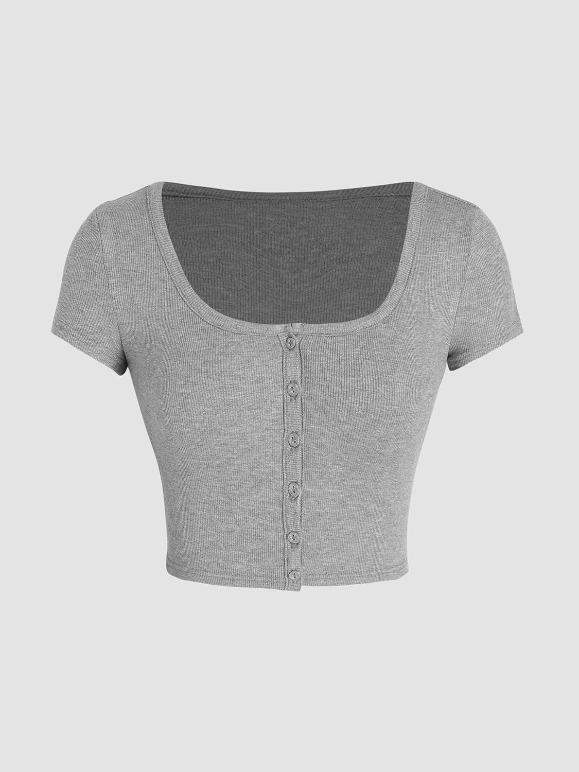 imageCIDER Solid Square Neck Button Up Crop TopGrey