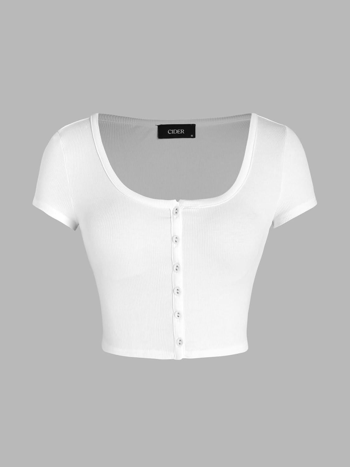 imageCIDER Solid Square Neck Button Up Crop TopWhite