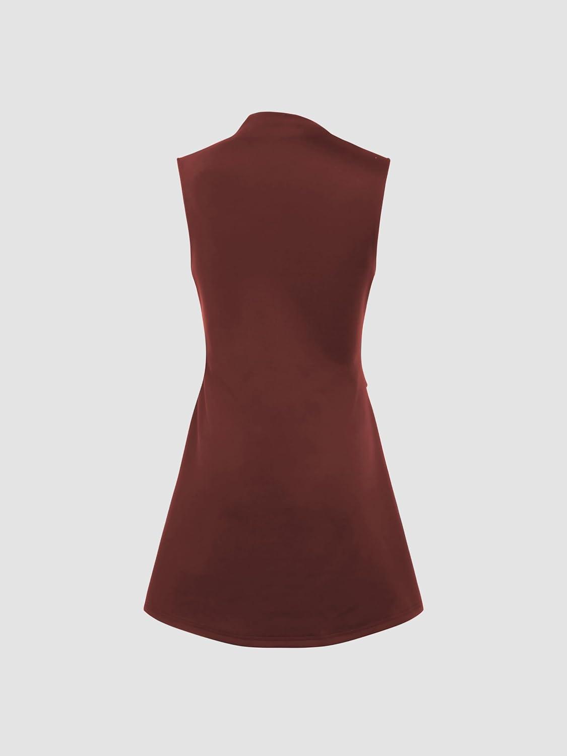 imageCIDER Turtleneck Sleeveless Ruched Mini DressBrown