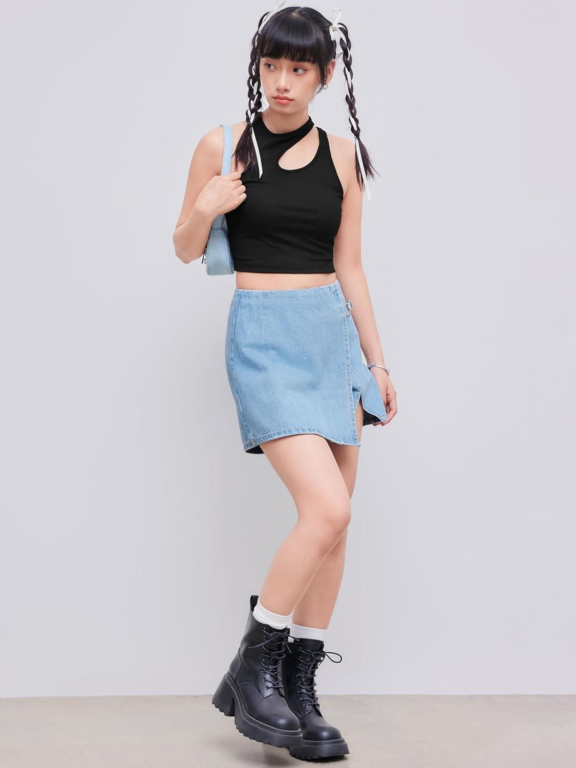 imageCIDER Womens Cut Out Tops Asymmetrical Neck Sleeveless Crop Tank Tops Slim Fitted Ribbed Tee Trendy Y2K OutfitsBlack