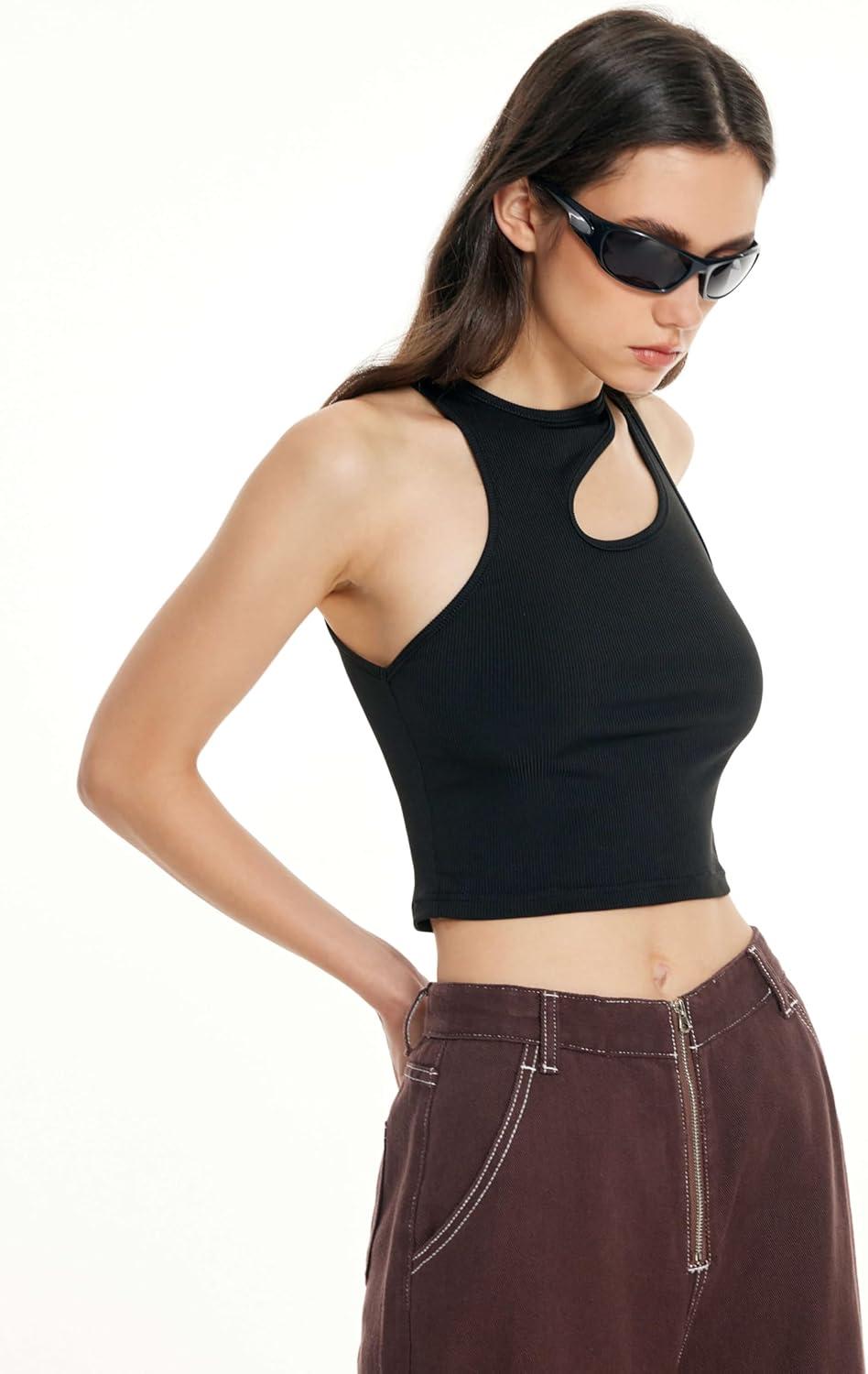imageCIDER Womens Cut Out Tops Asymmetrical Neck Sleeveless Crop Tank Tops Slim Fitted Ribbed Tee Trendy Y2K OutfitsBlack
