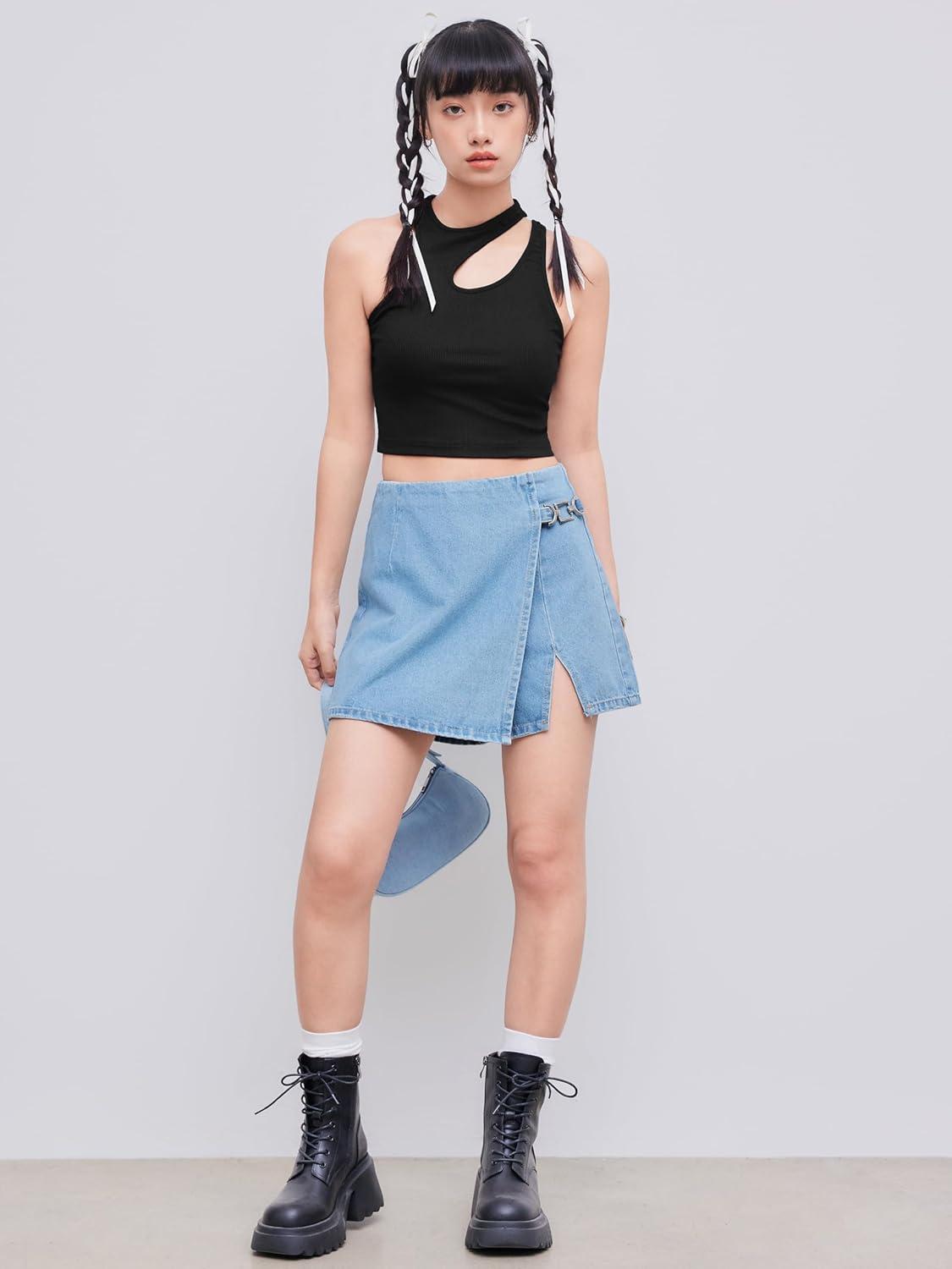 imageCIDER Womens Cut Out Tops Asymmetrical Neck Sleeveless Crop Tank Tops Slim Fitted Ribbed Tee Trendy Y2K OutfitsBlack