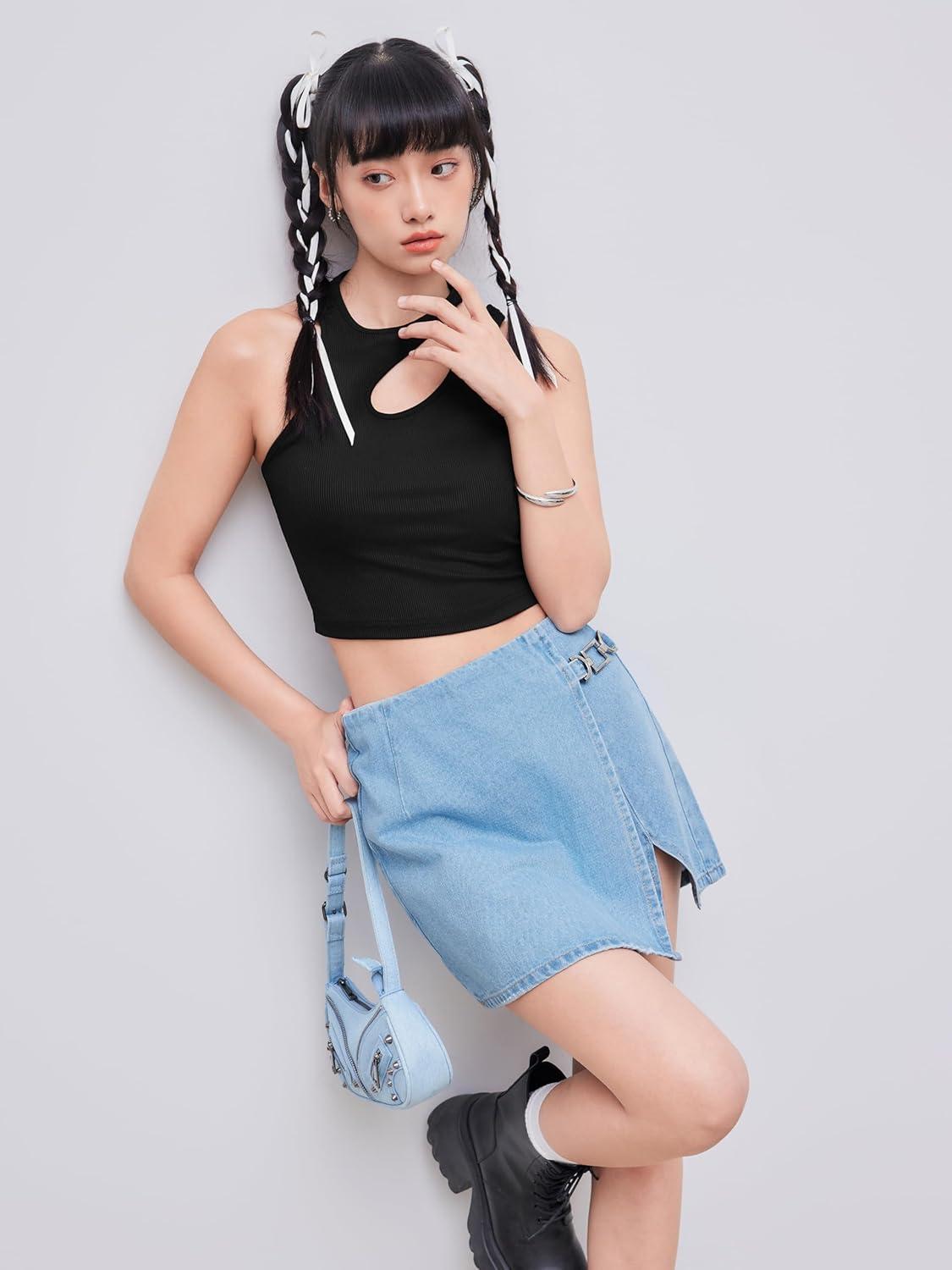 imageCIDER Womens Cut Out Tops Asymmetrical Neck Sleeveless Crop Tank Tops Slim Fitted Ribbed Tee Trendy Y2K OutfitsBlack