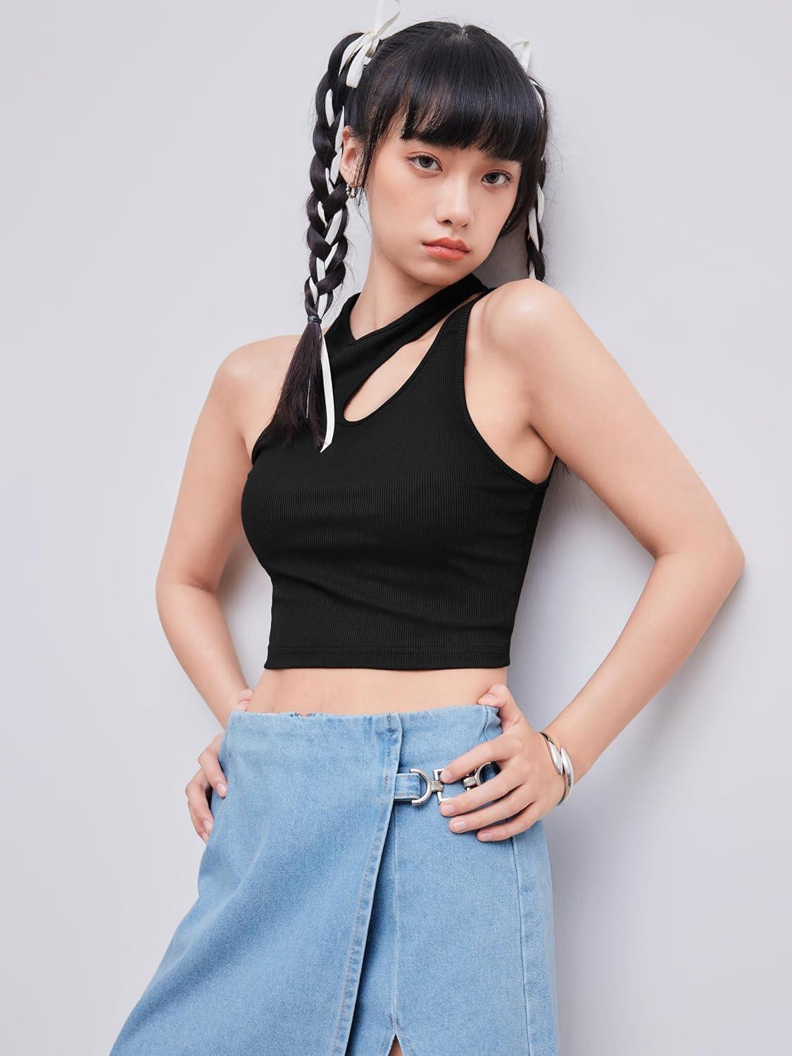 imageCIDER Womens Cut Out Tops Asymmetrical Neck Sleeveless Crop Tank Tops Slim Fitted Ribbed Tee Trendy Y2K OutfitsBlack