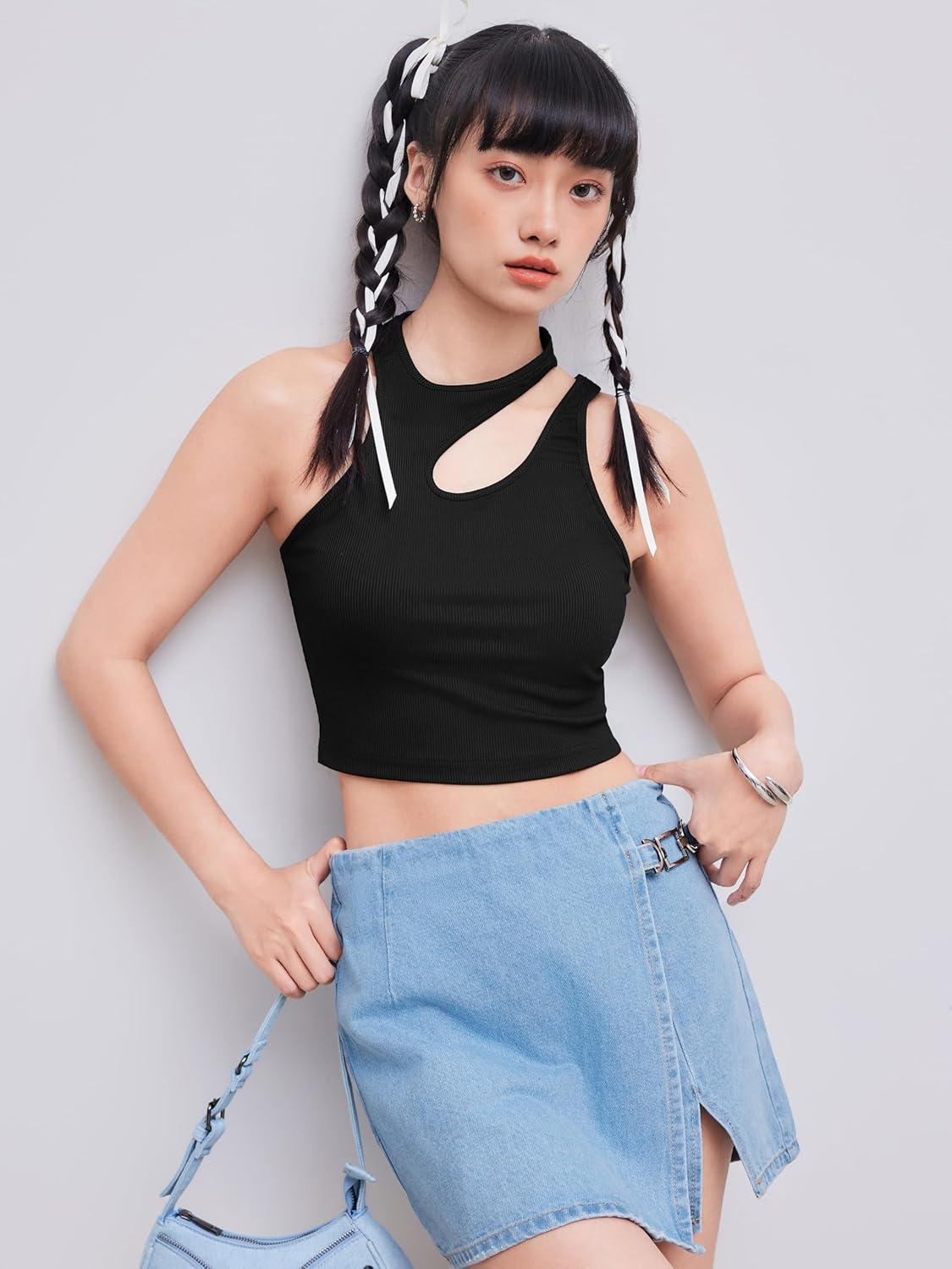 imageCIDER Womens Cut Out Tops Asymmetrical Neck Sleeveless Crop Tank Tops Slim Fitted Ribbed Tee Trendy Y2K OutfitsBlack