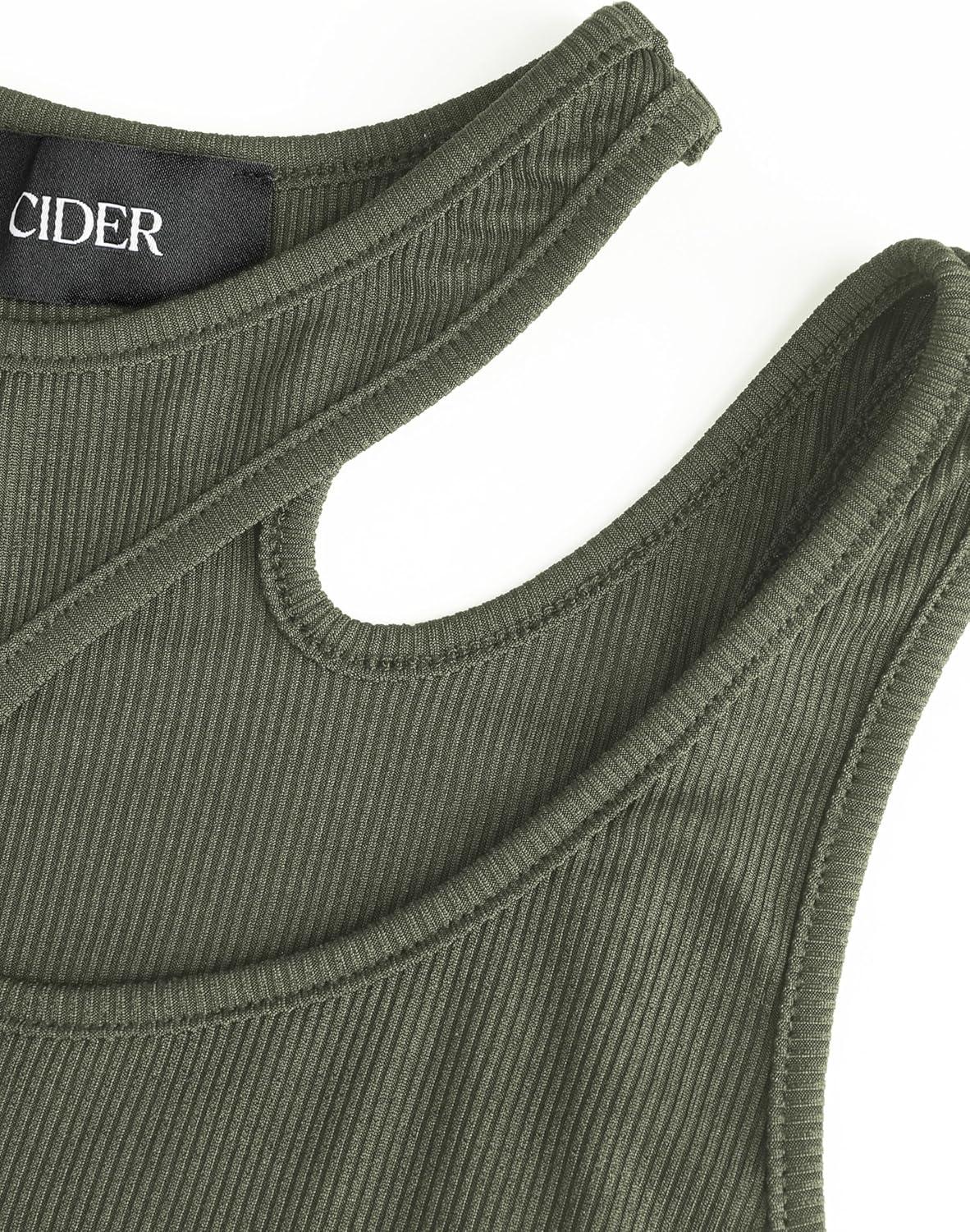 imageCIDER Womens Cut Out Tops Asymmetrical Neck Sleeveless Crop Tank Tops Slim Fitted Ribbed Tee Trendy Y2K OutfitsGreen