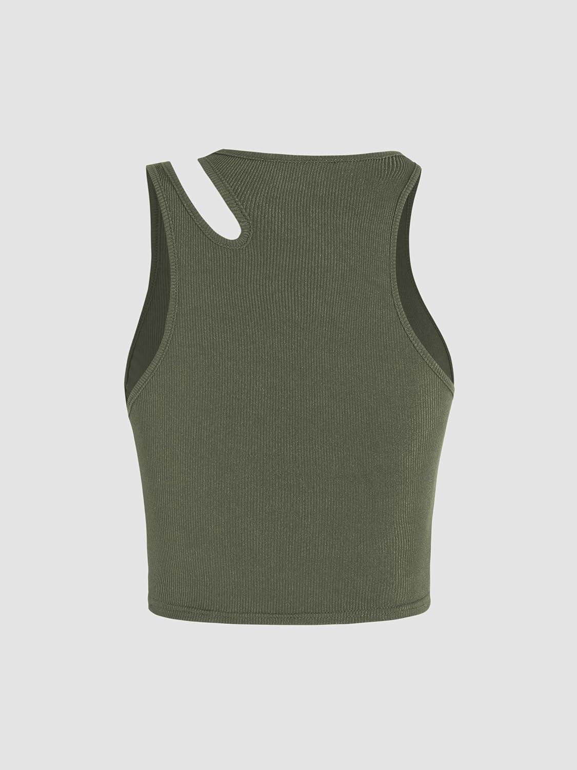 imageCIDER Womens Cut Out Tops Asymmetrical Neck Sleeveless Crop Tank Tops Slim Fitted Ribbed Tee Trendy Y2K OutfitsGreen