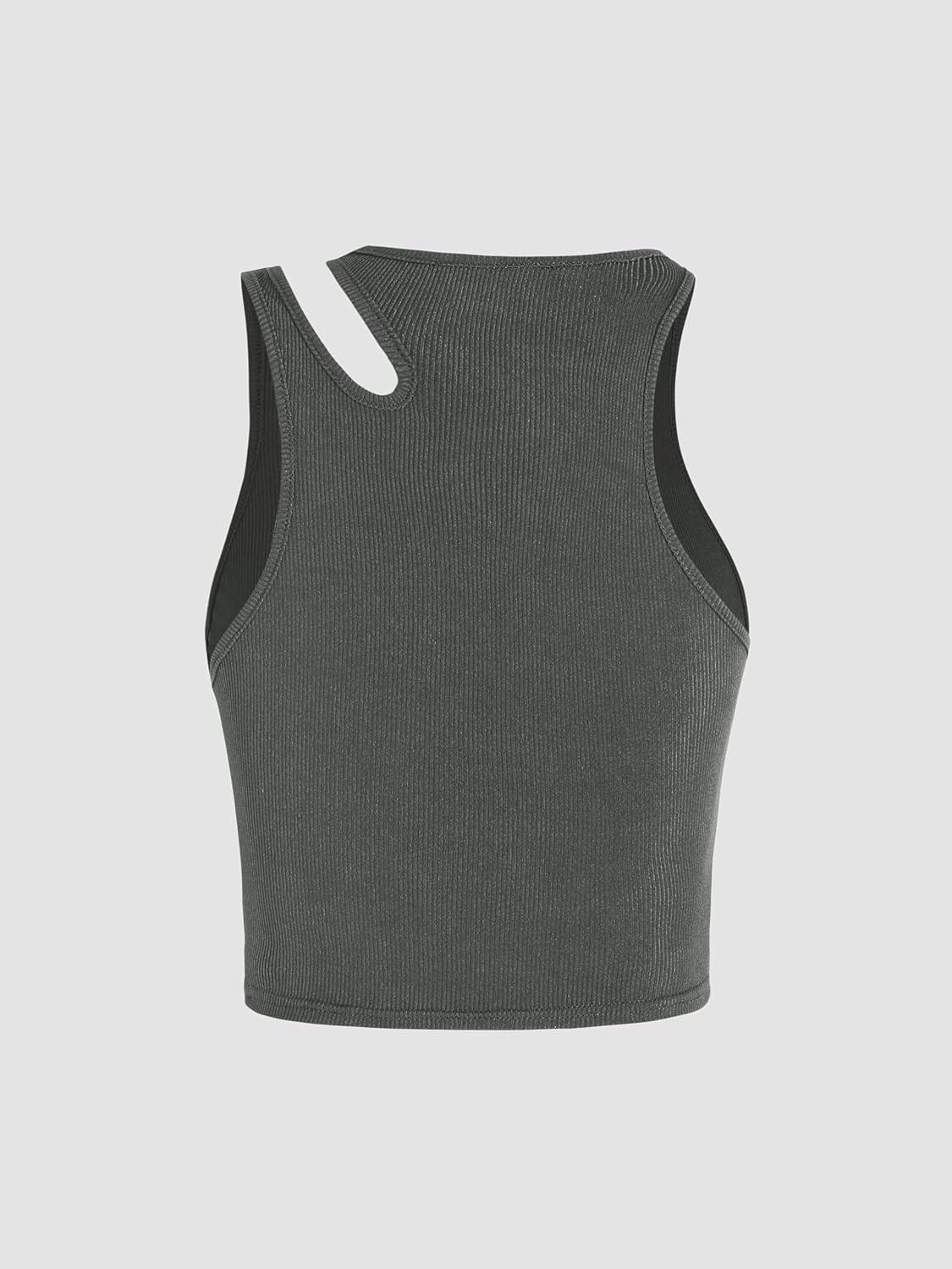 imageCIDER Womens Cut Out Tops Asymmetrical Neck Sleeveless Crop Tank Tops Slim Fitted Ribbed Tee Trendy Y2K OutfitsGrey