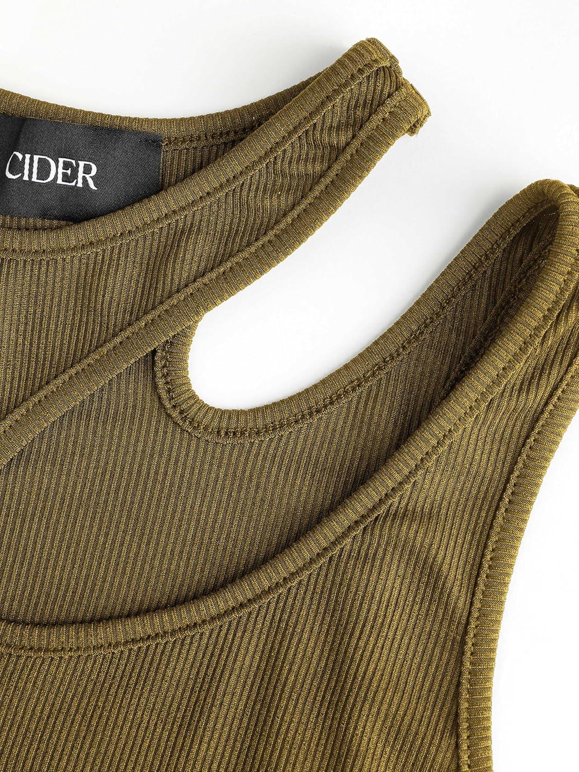 imageCIDER Womens Cut Out Tops Asymmetrical Neck Sleeveless Crop Tank Tops Slim Fitted Ribbed Tee Trendy Y2K OutfitsTan