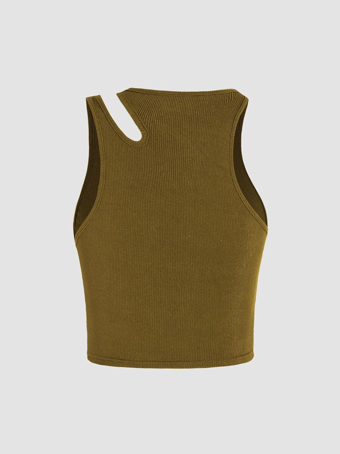 imageCIDER Womens Cut Out Tops Asymmetrical Neck Sleeveless Crop Tank Tops Slim Fitted Ribbed Tee Trendy Y2K OutfitsTan
