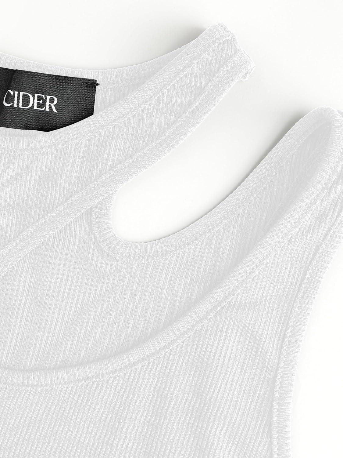 imageCIDER Womens Cut Out Tops Asymmetrical Neck Sleeveless Crop Tank Tops Slim Fitted Ribbed Tee Trendy Y2K OutfitsWhite