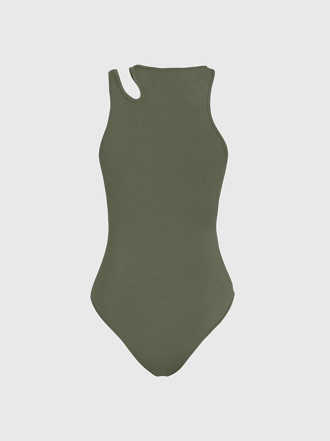 imageCIDER Womens French Riviera Vacation Sleeveless Asymmetrical Neck Solid BodysuitGreen