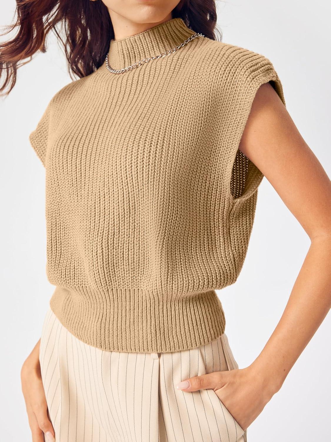 imageCIDER Womens Mock Neck Sleeveless Sweater Tops Cap Sleeve Sweater Vests Tank TopsCamel