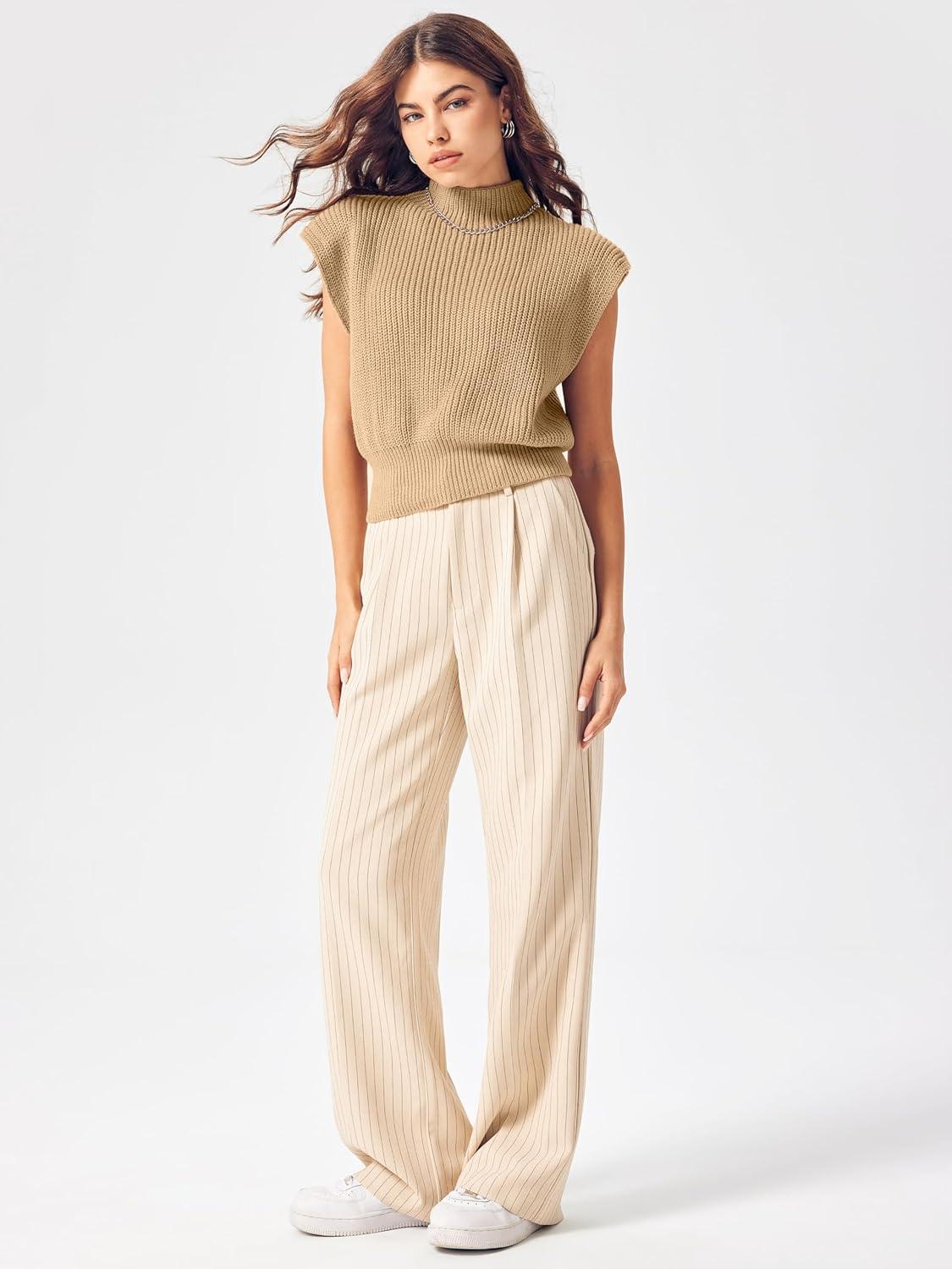 imageCIDER Womens Mock Neck Sleeveless Sweater Tops Cap Sleeve Sweater Vests Tank TopsCamel