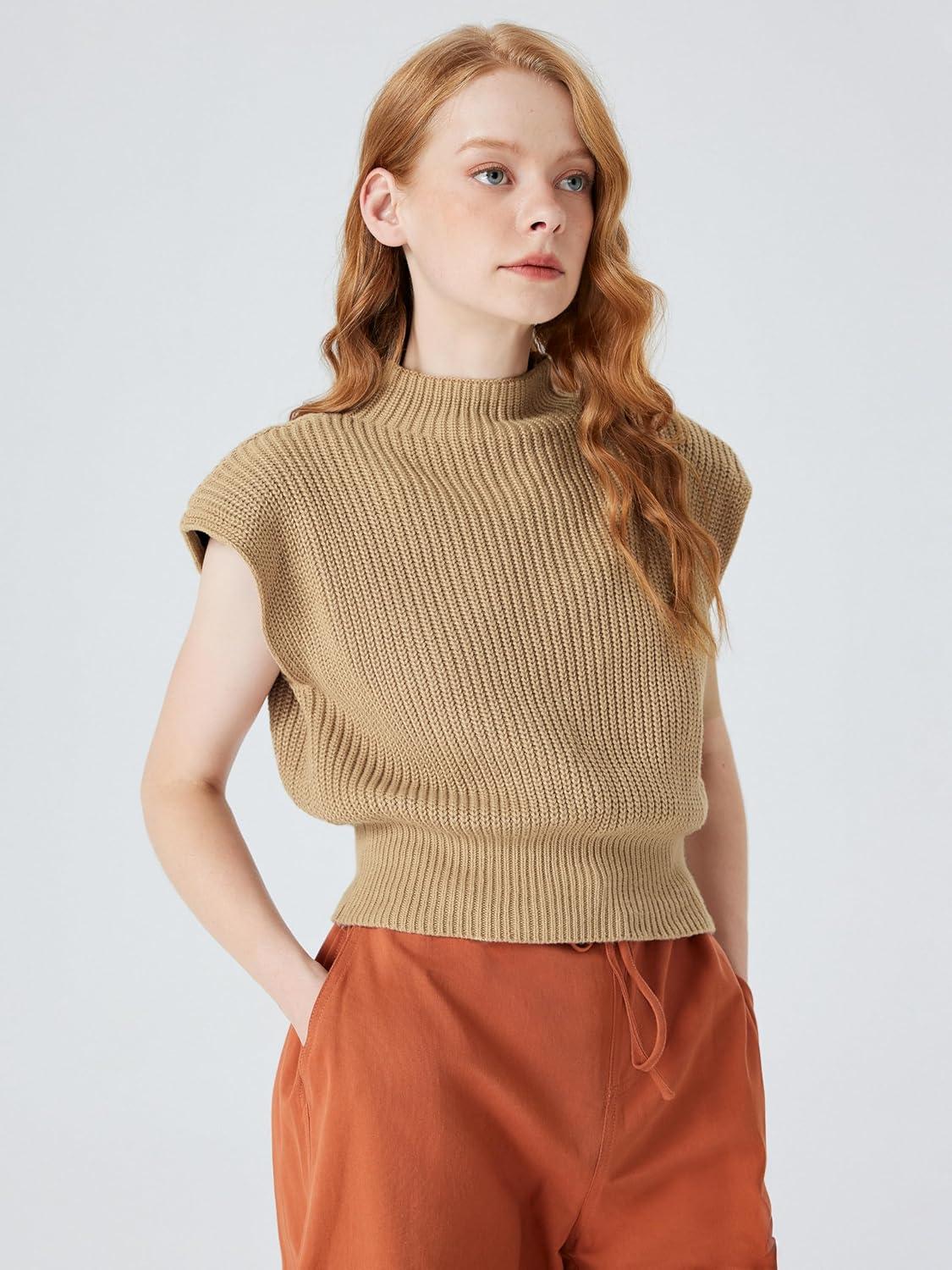 imageCIDER Womens Mock Neck Sleeveless Sweater Tops Cap Sleeve Sweater Vests Tank TopsCamel