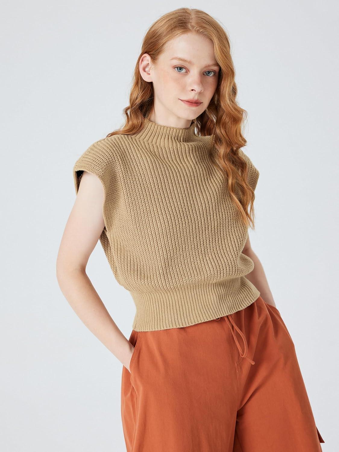 imageCIDER Womens Mock Neck Sleeveless Sweater Tops Cap Sleeve Sweater Vests Tank TopsCamel