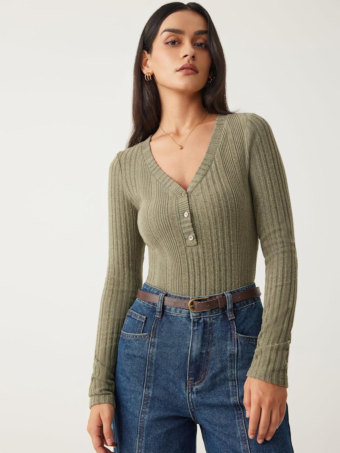 imageCIDER Womens Rib Vneck Solid Button BodysuitMatcha Green