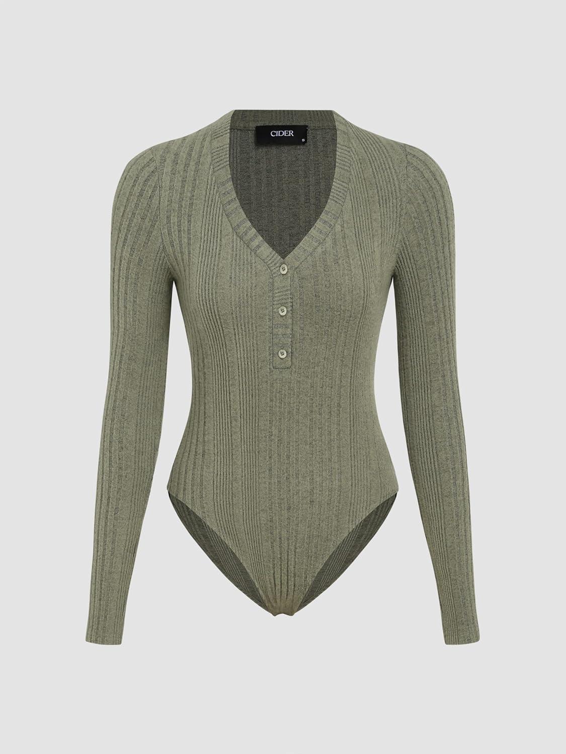 imageCIDER Womens Rib Vneck Solid Button BodysuitMatcha Green
