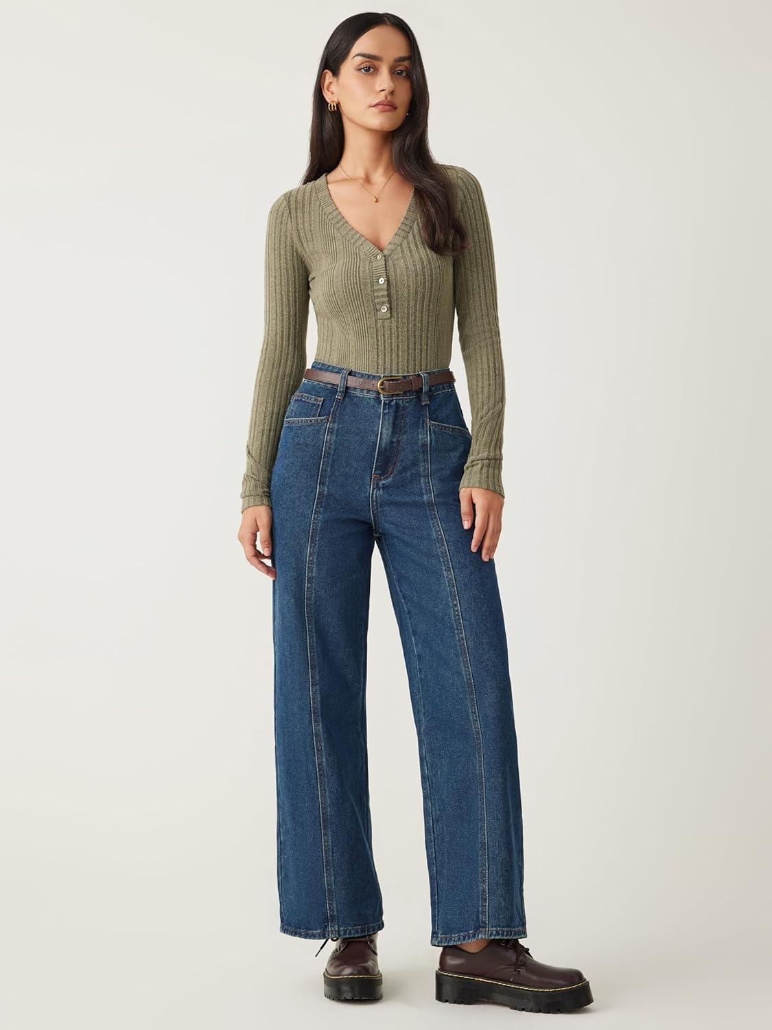 imageCIDER Womens Rib Vneck Solid Button BodysuitMatcha Green