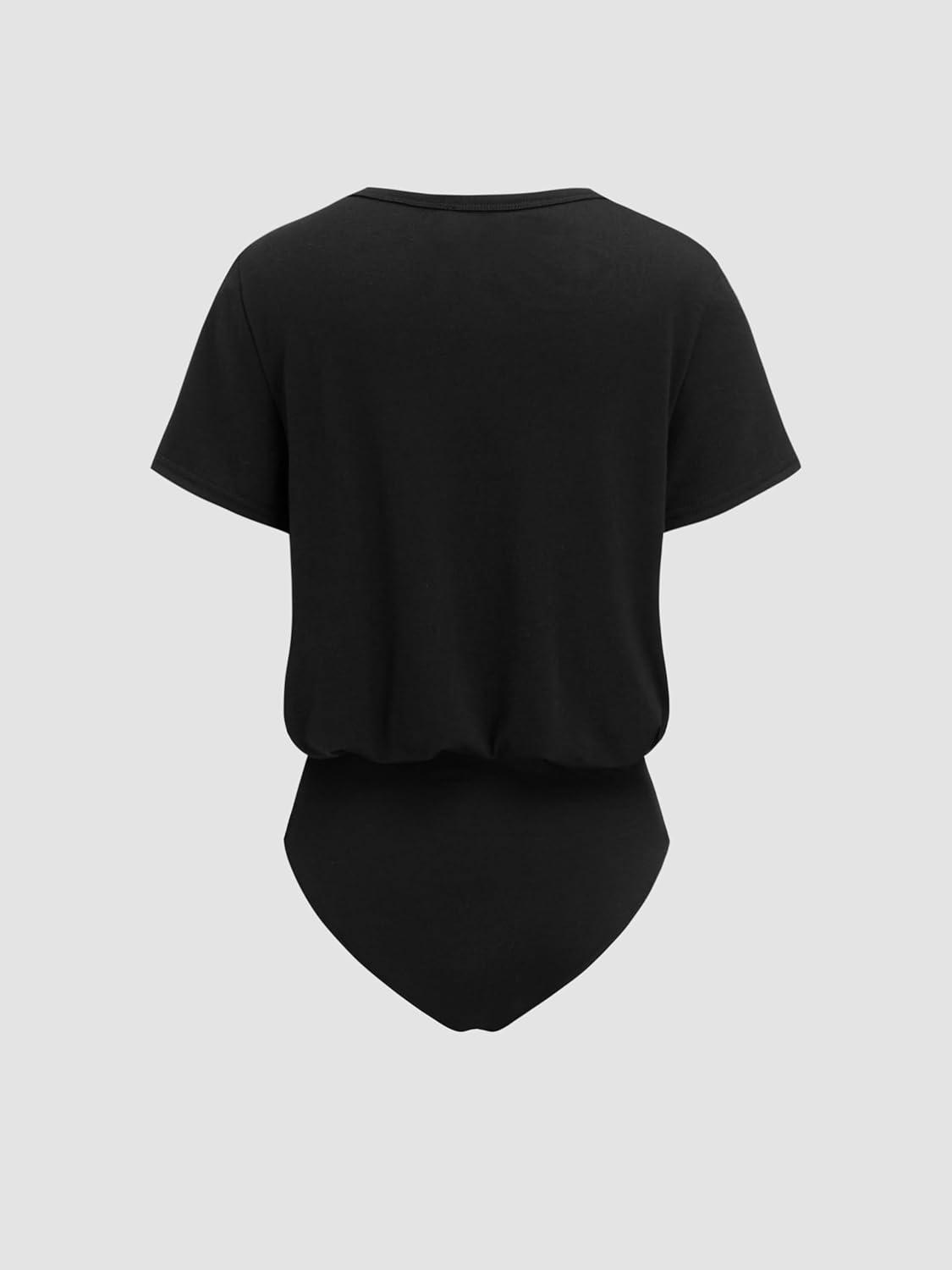 imageCIDER Womens Round Neck Solid Short Sleeve BodysuitBlack