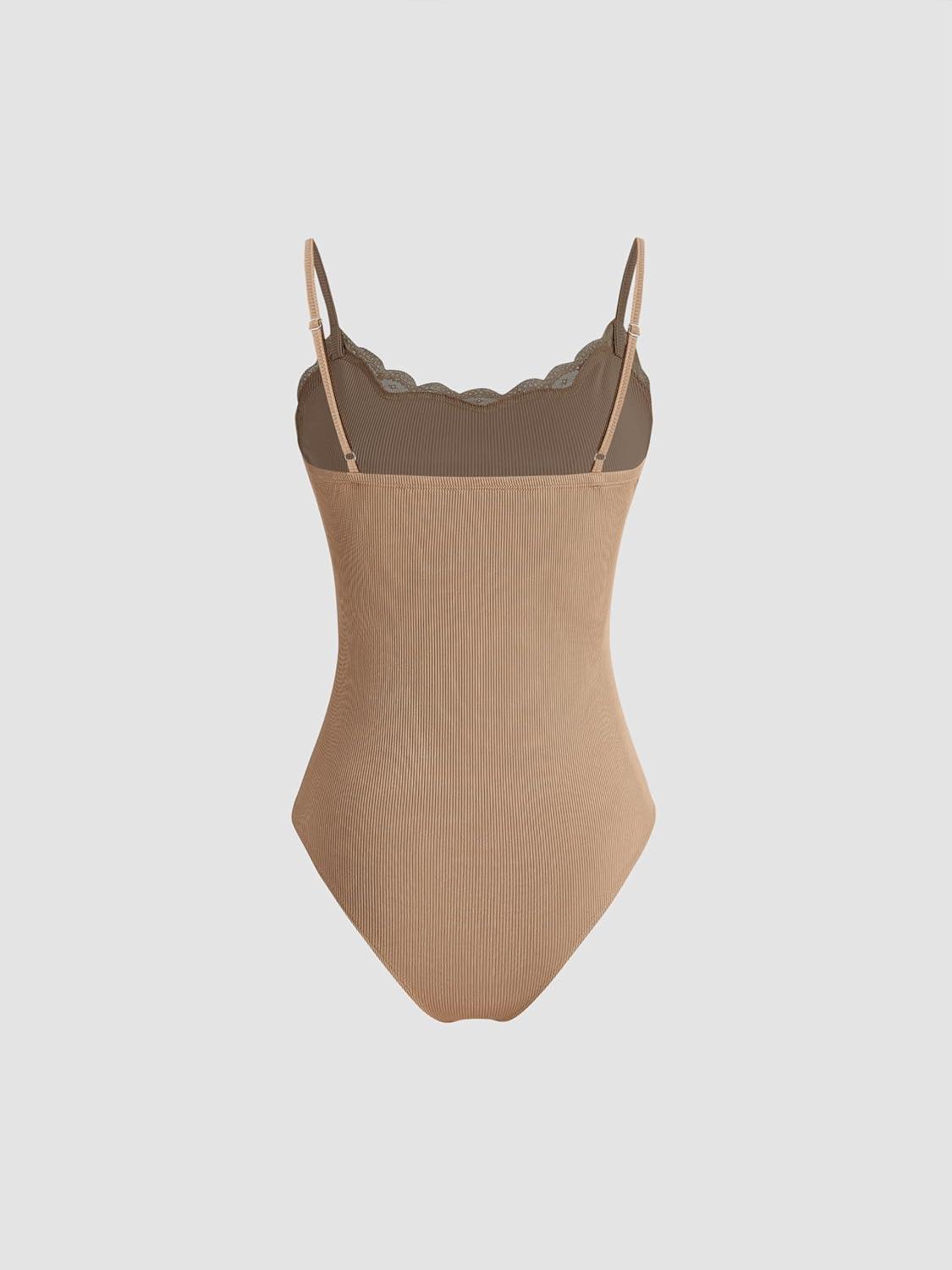 imageCIDER Womens Uneck Solid Lace BodysuitCoffee