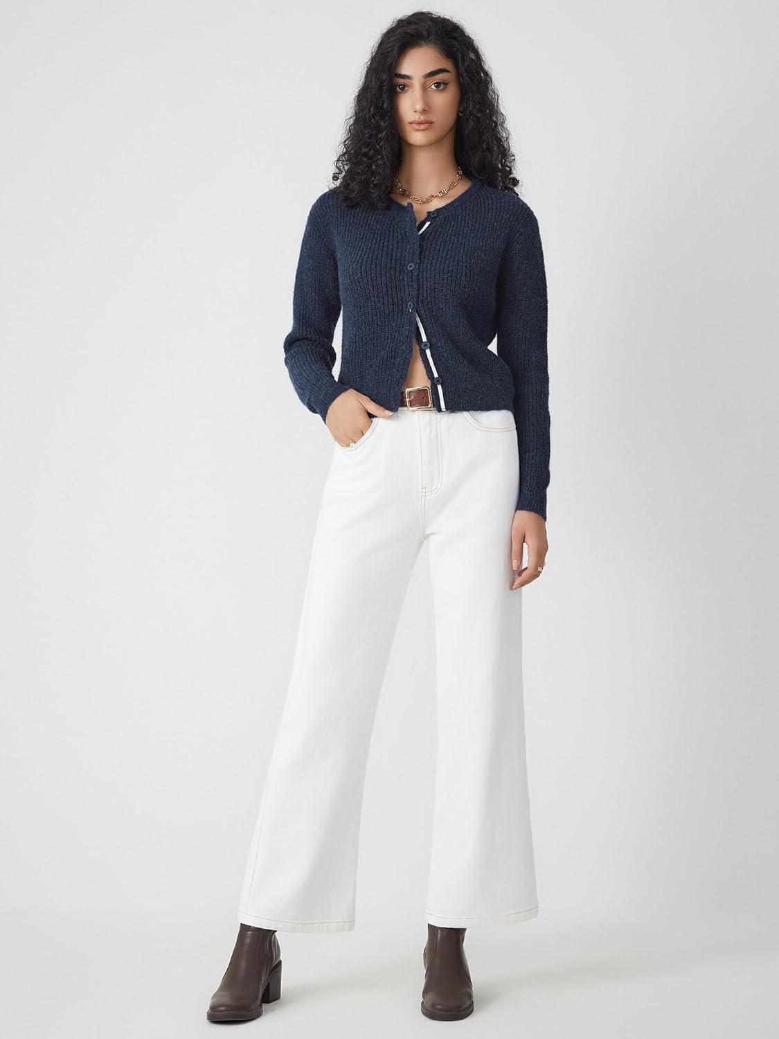 imageCIDER WoolBlend Knit Round Neckline Button CardiganNavy Blue