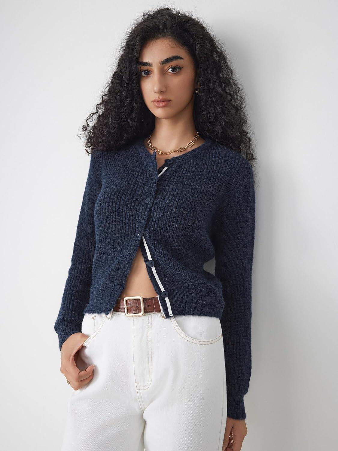 imageCIDER WoolBlend Knit Round Neckline Button CardiganNavy Blue