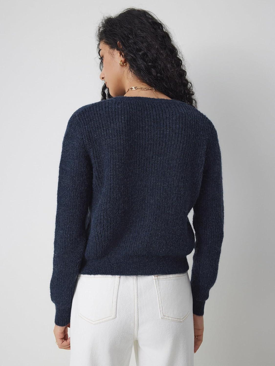 imageCIDER WoolBlend Knit Round Neckline Button CardiganNavy Blue