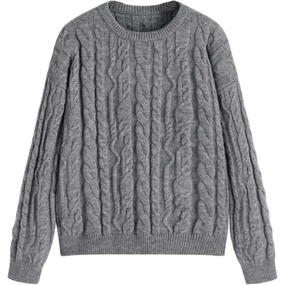 imageCIDER Cable Knit Round Neckline Long Sleeve SweaterGrey
