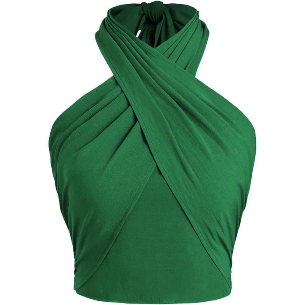 imageCIDER Cross Halter Shirred Back Crop TopDark Green