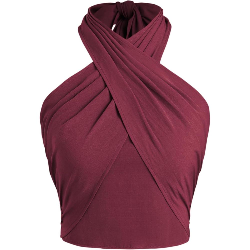 imageCIDER Cross Halter Shirred Back Crop TopWine