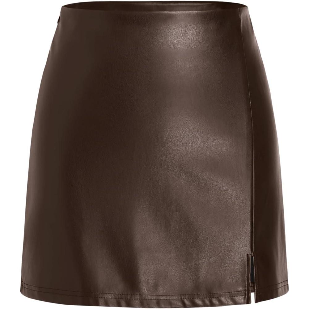 imageCIDER Faux Leather Solid Split Mini SkirtBrown